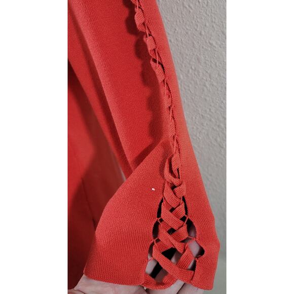 Cyrus Orange Braided Sleeves V Neck Ribbed Sweater Top Large Lightweight Soft - Picture 2 of 7
